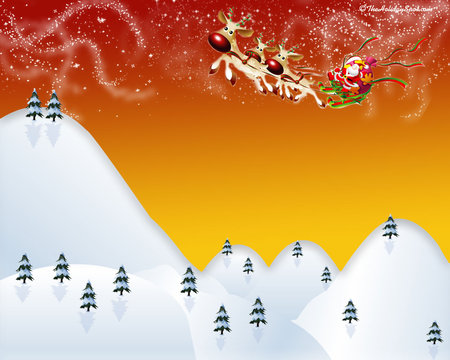 Santa comes flying - christmas, santa, holiday, snow, mountain, tree