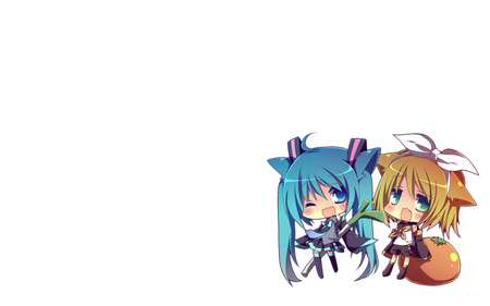 Chibi Catgirl Miku & Chibi Catgirl Rin - tie, pretty, cat ears, rin, yellow hair, nice, program, neko, beauty, virtual, girls, white, cute, aqua eyes, bow, vocaloid, anime, yellow, hatsune miku, aqua, catgirls, kagamine rin, chibi, fruit, singers, idol, anime girl, skirt, kagamine, beautiful, girl, cool, orange, cat, black, miku, awesome, diva, aqua hair, little, hatsune, vocaloids