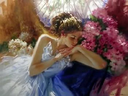 Sweet dreams - flowers, woman, window, blue dress, sleeping, pink and white