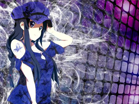 Violet Mio - pretty, anime, female, dress, long hair, akiyama mio, blue hair, nice, purple eye, hat, abstract, anime girl, beautiful, hot, girl, beauty, sweet, k on, cute, mio, sexy