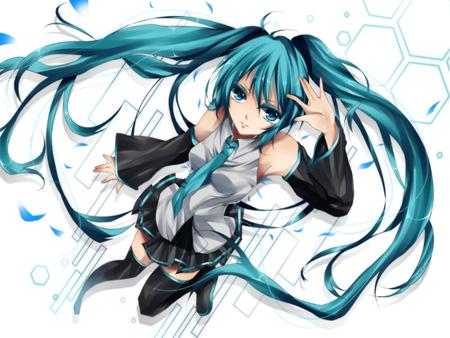 Hatsune Miku - tie, pretty, nice, program, hot, thighhighs, beauty, virtual, petals, white, cute, aqua eyes, song, sexy, vocaloid, anime, blue, twintail, hatsune miku, music, aqua, idol, skirt, beautiful, singer, girl, cool, black, miku, awesome, diva, aqua hair, hatsune, vocaloids