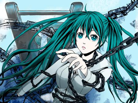 Hatsune Miku - Chained Girl - pretty, anime, vocaloid, twintail, hatsune miku, aqua, music, nice, sky, idol, clouds, program, chain, beautiful, singer, girl, virtual, beauty, cool, black, white, chains, miku, awesome, diva, aqua eyes, cute, aqua hair, hatsune, vocaloids, song