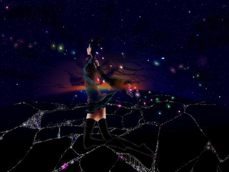 Hatsune Miku - tie, pretty, night, headphones, nice, program, thighhighs, city, beauty, virtual, white, sunset, lights, cute, horizon, vocaloid, anime, twintail, hatsune miku, city lights, stars, dark, aqua, sky, idol, skirt, beautiful, girl, cool, buildings, black, miku, awesome, diva, aqua hair, hatsune, vocaloids, headset