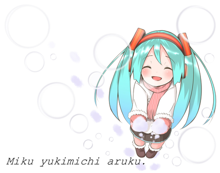 Hatsune Miku - nice, beauty, aqua, footprints, headset, twintail, aqua hair, virtual, pretty, cool, idol, anime, miku, cute, hatsune miku, skirt, girl, winter, snowflakes, hatsune, vocaloids, program, headphones, vocaloid, snow, beautiful, awesome, smile, diva, happy