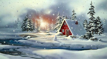 Snowy Retreat - trees, snowman, pine trees, winter, snowflakes, cabin, snow, car, lake, bridge