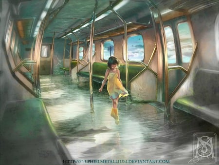 strange travel - train, girl, travel, water, bus