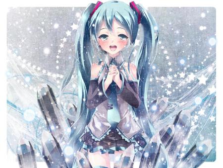 Hatsune Miku - tie, pretty, tears, snow, nice, program, thighhighs, beauty, virtual, ice, white, cute, aqua eyes, song, vocaloid, anime, twintail, hatsune miku, music, aqua, idol, winter, skirt, beautiful, crystals, girl, cool, black, miku, awesome, diva, aqua hair, hatsune, vocaloids