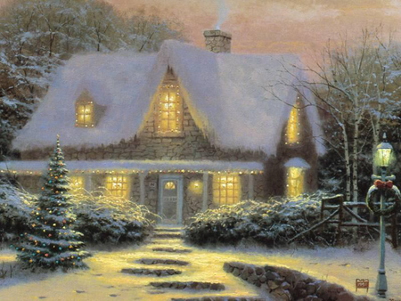  A Welcoming Light - christmas, lights, painting, snow, home