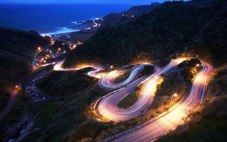 Road to the Sea - coastline, nature, road, night, ocean, mountains