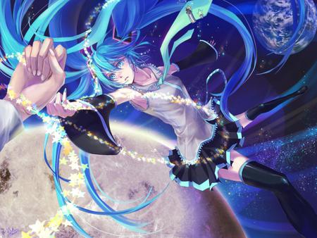 Hatsune Miku - aqua, music, thighhighs, white, aqua eyes, earth, hatsune miku, skirt, song, space, vocaloids, program, vocaloid, beautiful, diva, nice, beauty, singer, aqua hair, black, virtual, twintal, pretty, idol, anime, miku, planet, cute, stars, girl, hatsune, blue, awesome