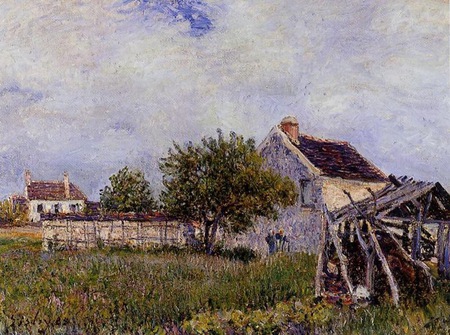 Old cottage at Sablons - shack, cottage, clouds, field, grass