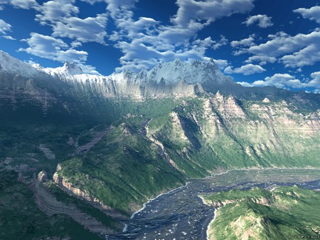 River Bend - sky, water, dark blue, river, mountain ridge, cloudy