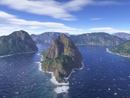 Headlands - bend, rock formation, sky clouds, river, blue, mountains