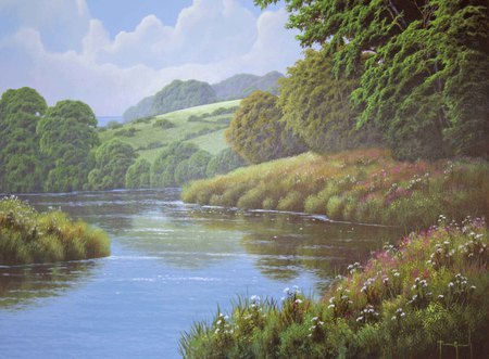 Misty River Bend, England - trees, peaceful, cloudy sky, river, vegetation