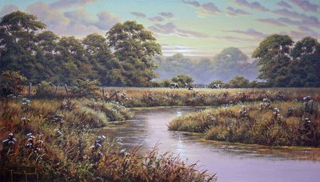 Peaceful Pasture at River Bend - sky, trees, cattle, river, clouds, pasture