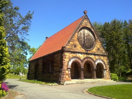 Rhodes Chapel - trees, chapel, arches, roof, blue, grass, pathway, sky