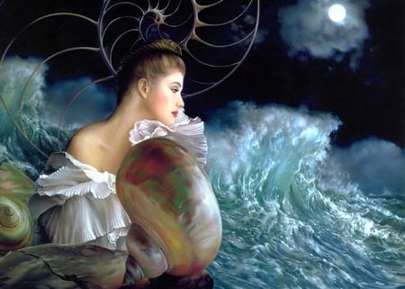 Mother of Pearl - girls, skin, jean paul avisse, art, yellow, figure, wallpaper, waves, beautiful, 3d, fairy, mother of pearl, sea, woman, women, female, fine art, delicate, water, fantasy, gorgeous, brown, pretty, avisse art, green, orange, cute, girl, night, cg, abstract, colours, blue, insect, colors