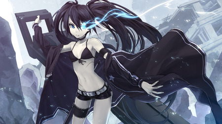 Black Rock Shooter - black, cute, beautiful, black rock shooter, girl, white, jacket, bikini, uniform, movie, weapon, winter, pretty, cool, aqua, beauty, brs, awesome, anime, twintail, ova, blue, artic, nice, snow