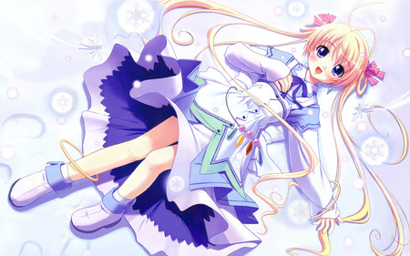 Cute Anime Girl Laying on Snow - footprints, ribbons, smiling, blue eyes, snowflakes, snow, cute anime girl, snowing, fairy