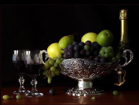 still life - nice, glasses, fruits, photography, pears, champagne, elegant, wine, still life, apples, silver, cool, beautiful, grapes, photo, harmony