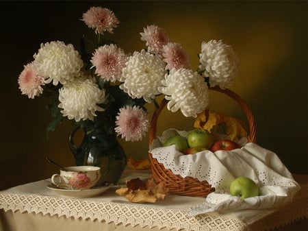 still life - elegant, photo, gentle, flowers, fruit, nice, beautiful, coffee, photography, tea, cool, still life, flower, jug, drink, basket, soft, autumn, chrysanthemum, harmonious, apple, cup