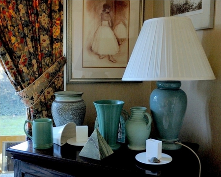 Beautiful Corner for my Friend Cinzia - pot, beautiful, paintings, window, table, lamp, still life, interior, architecture, vases, black, room corner, art photo, cup