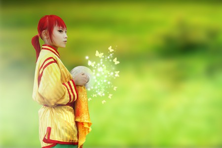 alone - red, flowers, anime, girl, grass, butterfly, hair, nature, other, green