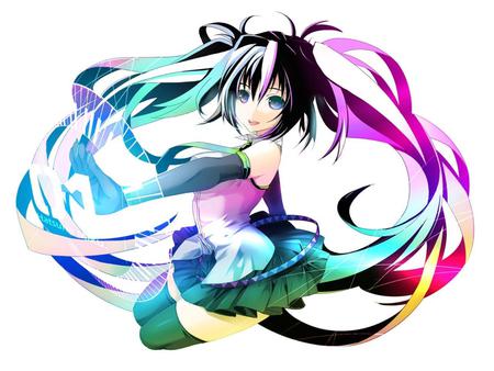 Colorful Miku - aqua, thighhighs, colorful, white, purple, yellow, cool, aqua eyes, hatsune miku, rainbow, skirt, vocaloids, program, beautiful, vocaloid, diva, nice, beauty, twintail, aqua hair, black, virtual, pretty, idol, green, anime, miku, cute, girl, hatsune, blue, tie, colors, awesome