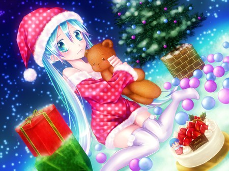 Cute Christmas - blush, christmas tree, teddy bear, santa claus out fit, presents, hatsune miku, christmas, cake