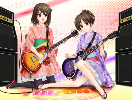 K-On! - pretty, speaker, beautiful, dress, kimono, cool, 2d, yui, girls, cg, guitar, traditional, hirasawa, ui, japanese