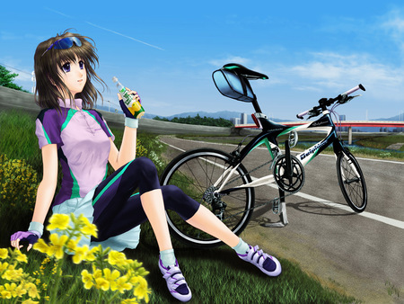 Rest n Relax - sports, girl, grass, cool, drink, flowers, street, cg, bycicles, sport, soft, 3d, bycicle