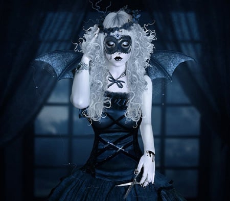 A Whiter Shade of Pale - mask, female, wings, scissors, blood, gothic, fantasy, cut, artwork