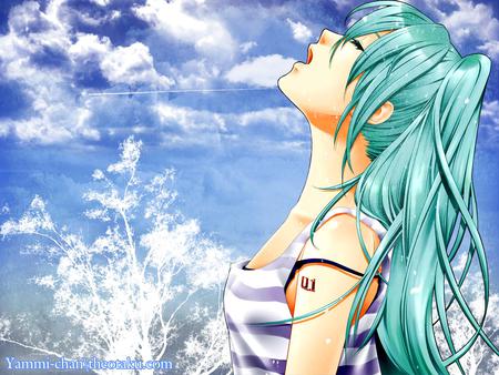 Singing to the Sky - sky, t shirt, miku hatsune, hatsune, vocaloid, blue, clouds, singing, anime, miku, tree