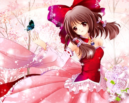 Reimu Bride - female, hot, wings, bride, anime girl, brown hair, brown eye, touhou, anime, reimu, cute, wedding, sexy, girl, long hair, hakurei reimu, butterfly, bow, red, wing, pink, flower, dress