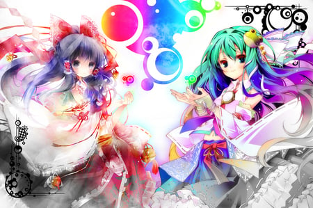 Touhou Abstract - anime, multicolor, dress, green hair, long hair, touhou, duo female, reimu, color, hakurei reimu, miko, abstract, anime girl, hot, girl, blush, kochiya sanae, colorful, cute, sexy, bow