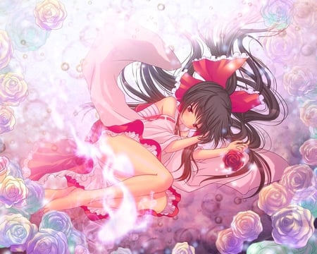 Hakurei Reimu - anime, female, dress, long hair, touhou, reimu, hakurei reimu, abstract, anime girl, hot, girl, brown hair, flower, rose, cute, sexy, bow