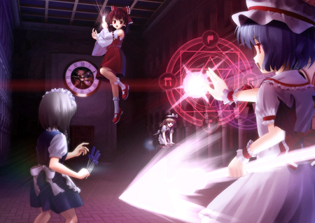 Touhou fight - girls, hot, magic, wings, anime girl, knife, blonde hair, neon light, clock, sexy, light, remilia scarlet bat wings, long hair, hakurei reimu, neon, izayoi sakuya, maid, dress, bows, female, hat, blade, brown hair, touhou, anime, sword, cute, short hair, dagger, girl, magical, braids, wing, weapon, kirisame marisa, gray hair