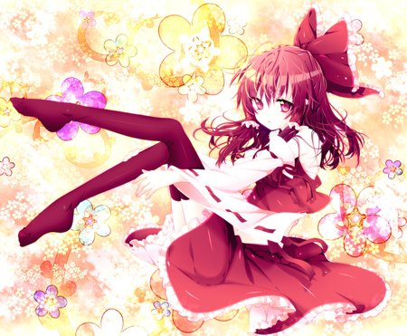 Hakurei Reimu - abstract, anime, anime girl, female, dress, bows, girl, flower, long hair, red hair, touhou, red eye, reimu, hakurei reimu