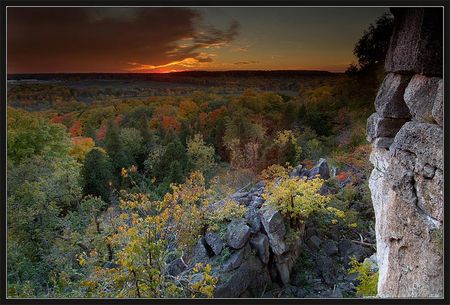 Autumn Sunset - trees, beautiful, dark, grey, autumn fall, sunset, red, cliff, art photo, sky