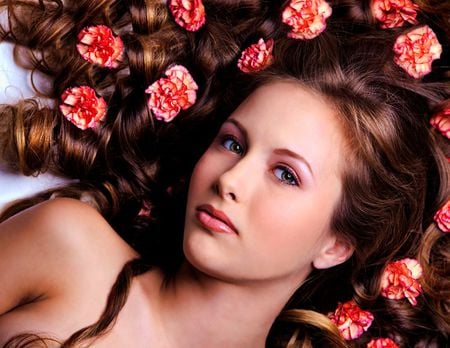 FLOWERS  ALL OVER HAIR.. - woman, art, pretty, hair, brunette, flowers, lovely, decor