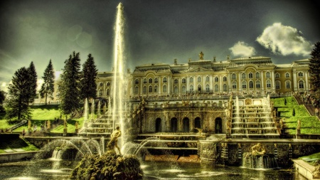 landscape_fantasy - pretty, water, dark, abstract, fountain, cg, sky, architecture, fantasy, building, clouds, light, 3d, wet, trees, green