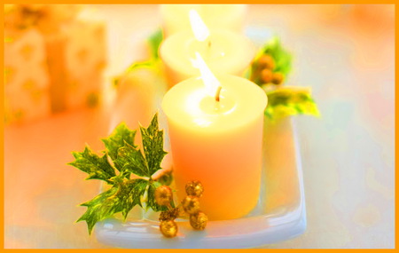 Festive flames - christmas, flames, gold, holly, gift, candles