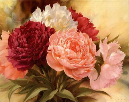 Passion, Purity, Friendship & Love - white, paintings, red, green, floral, pink, leaves