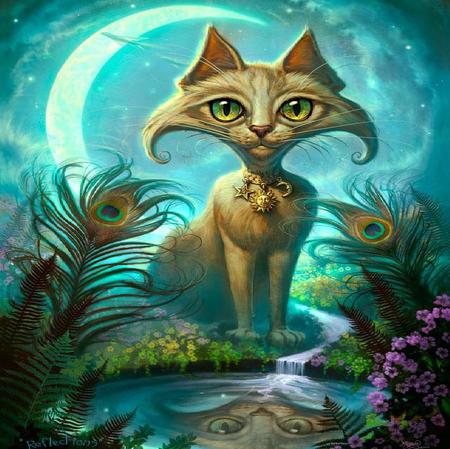 Moonlight Cat - moon, painting, peacock feathers, cat, reflection, flowres, stream, water