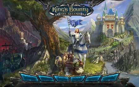 Kings Bounty - legend, mountain, knight, video game, colorful, water, king, armor, shining, orc, horse, adventure, castle, dwarf, fairy tale