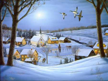 winter wonderland - geese, trees, winter, town, blue, snow