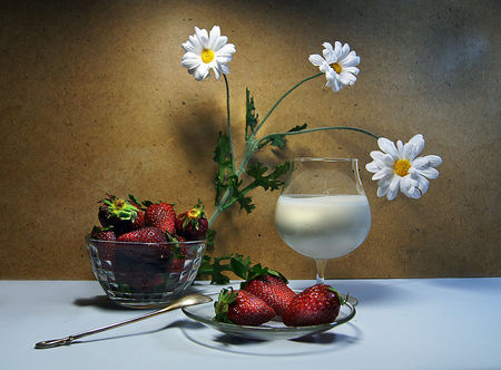 still life - nice, strawberry, milk, photography, still life, fruit, cup, cool, beautiful, flowers, daisies, photo, flower, harmony