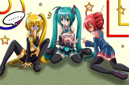 Vocaloids - aqua, thighhighs, beauties, music, triple baka, yellow, cool, teto, aqua eyes, takoluka, hatsune miku, skirt, song, akita, funny, gross, hungry, neru, red hair, vocaloids, program, comedy, vocaloid, pink, beautiful, singers, diva, happy, beauty, kasane teto, nice, twintail, aqua hair, virtual, pretty, megurine luka, idol, anime, miku, cute, akita neru, luka, stars, girl, pink hair, hilarious, hatsune, red, awesome