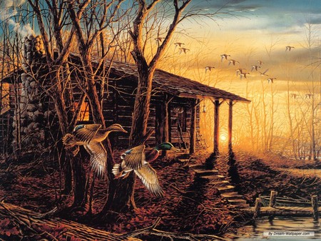 Terry Redlin painting - painting, art, redlin, sunset, house