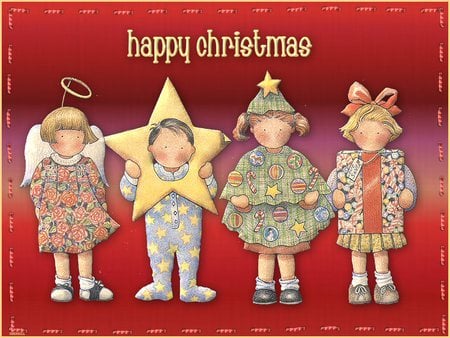 four happy christmas kids - red, red children, stars, christmas kids, new